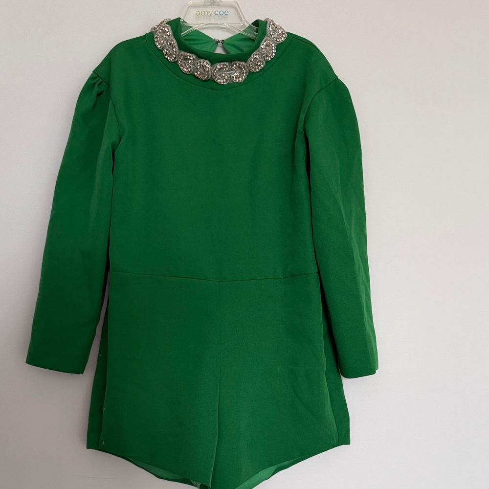 Green Long Sleeve romper  with Embellished Collar